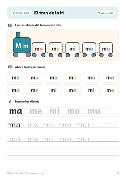 Página 28 del cuaderno: El tren de las sílabas